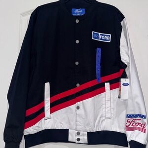 Ford Men's Black and White Varsity Jacket with Red Stripes Size Large NEW